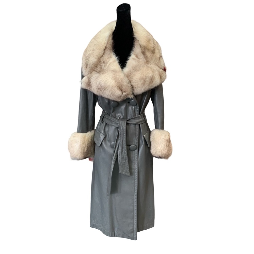 Grey Genuine Leather Coat With Fox Collar and Cuffs